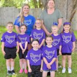 Purple Front; McKinley Angerman, Nora Gengler. Second row; Braylee Messelhiser, Lydia, Pearson, Amelia Tuttle, Lena Kohn, Ava Covatto. Back Coach Lorna Kohn and Coach Brooklyn Covatto.
